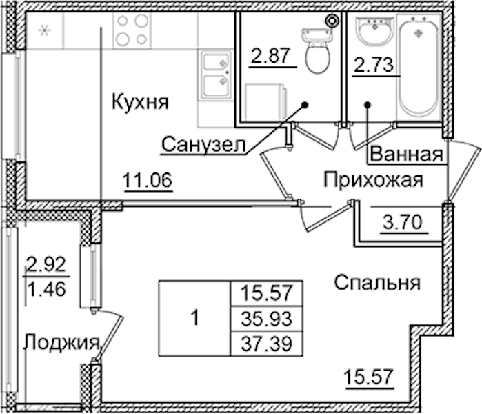 1-комнатная квартира 37.39 м², 2/9 эт., ЖК «Квартал Заречье»